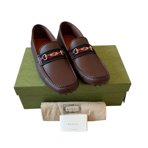 GUCCI Ayrton Web GG Horsebit Leather Driver Loafers Brown Size 12.5 | US 13 NEW - Picture 1 of 16